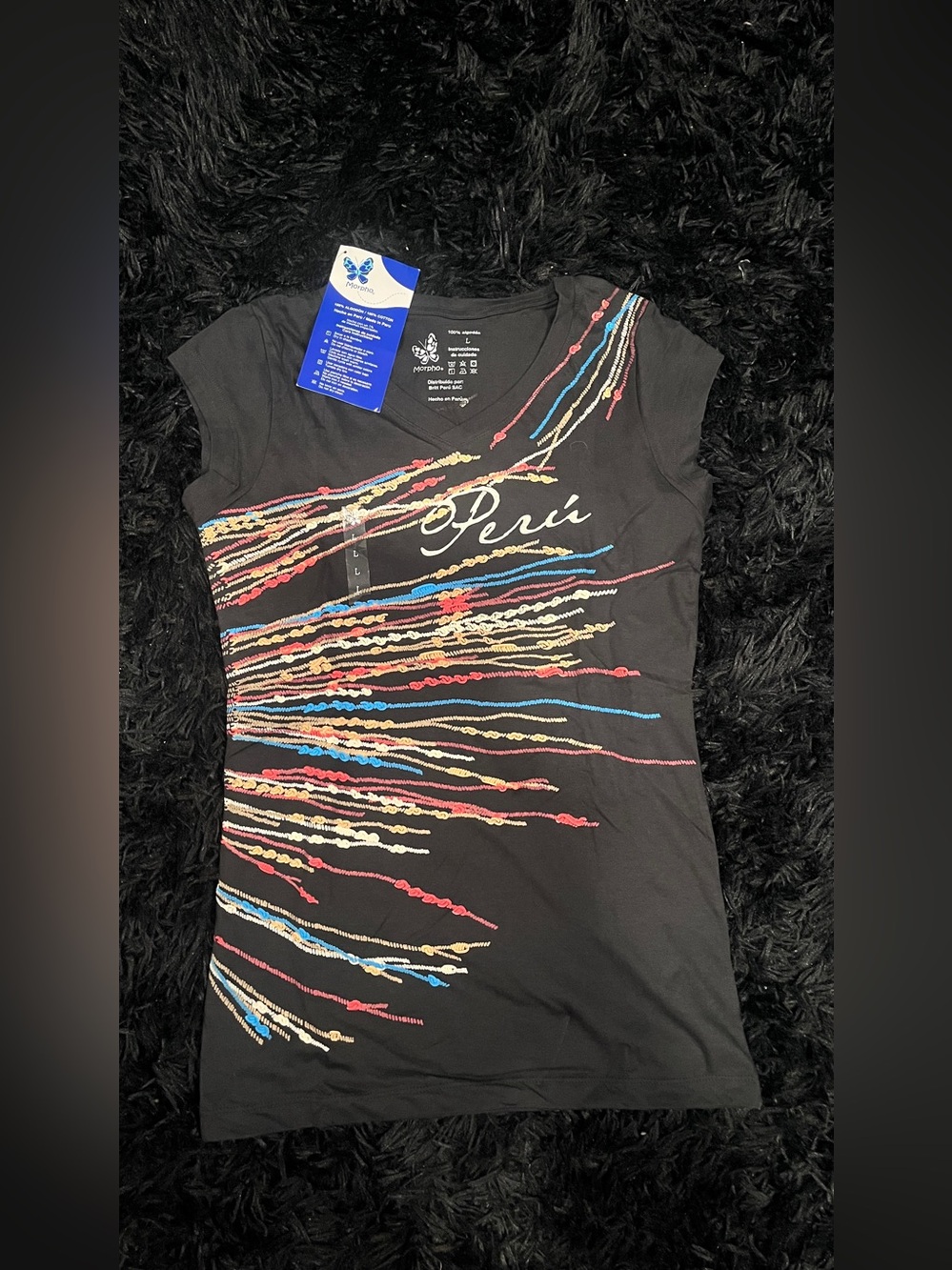 Peru Embroidered Black Women's V-Neck Tee 100% Cotton Size S